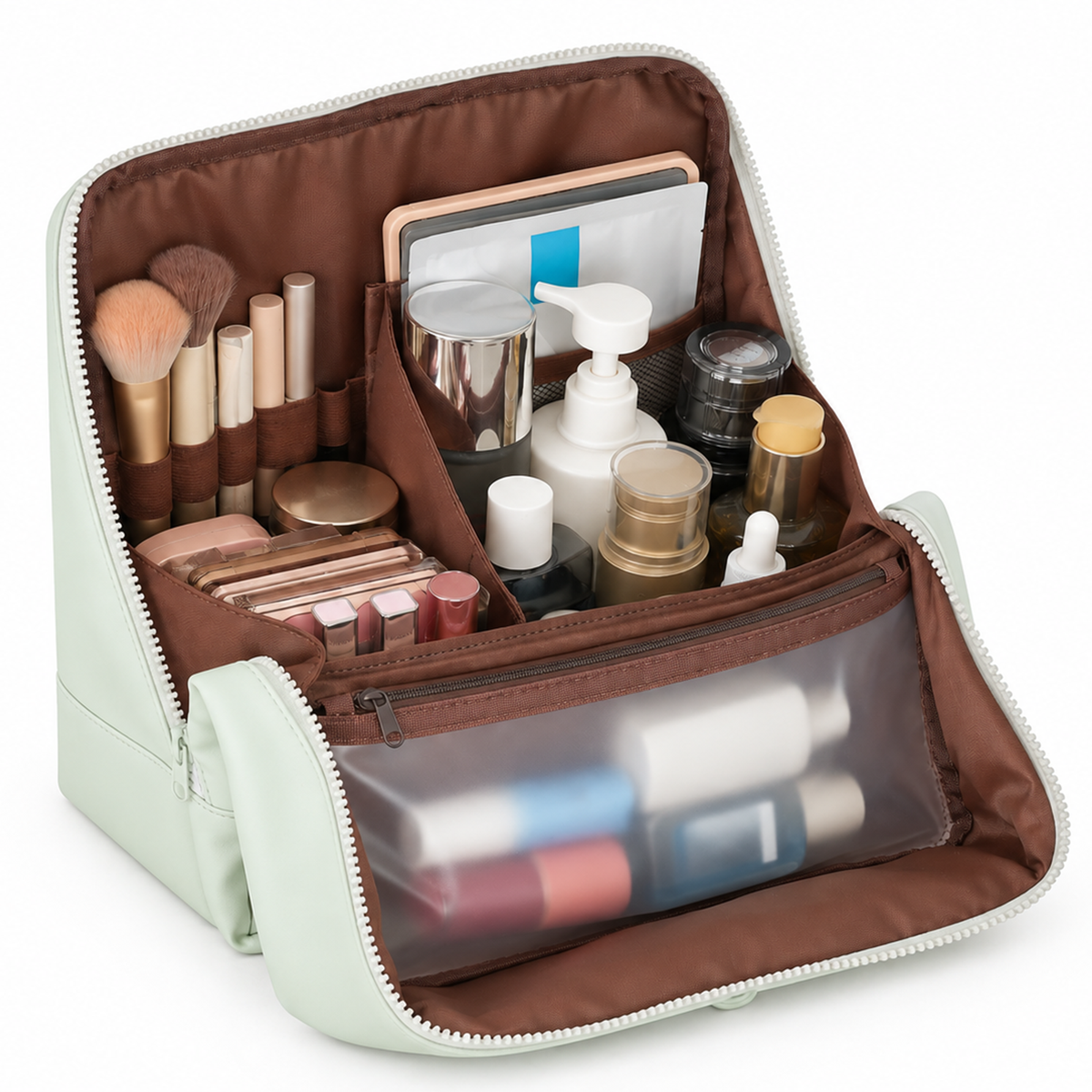 Open mint green FOOIKOS makeup bag filled with cosmetics, skincare and brushes