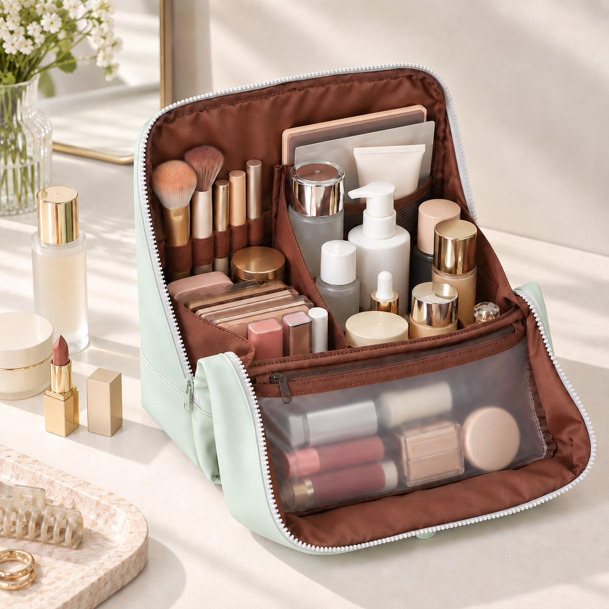 FOOIKOS stand-up makeup bag open on a vanity with cosmetics organized inside