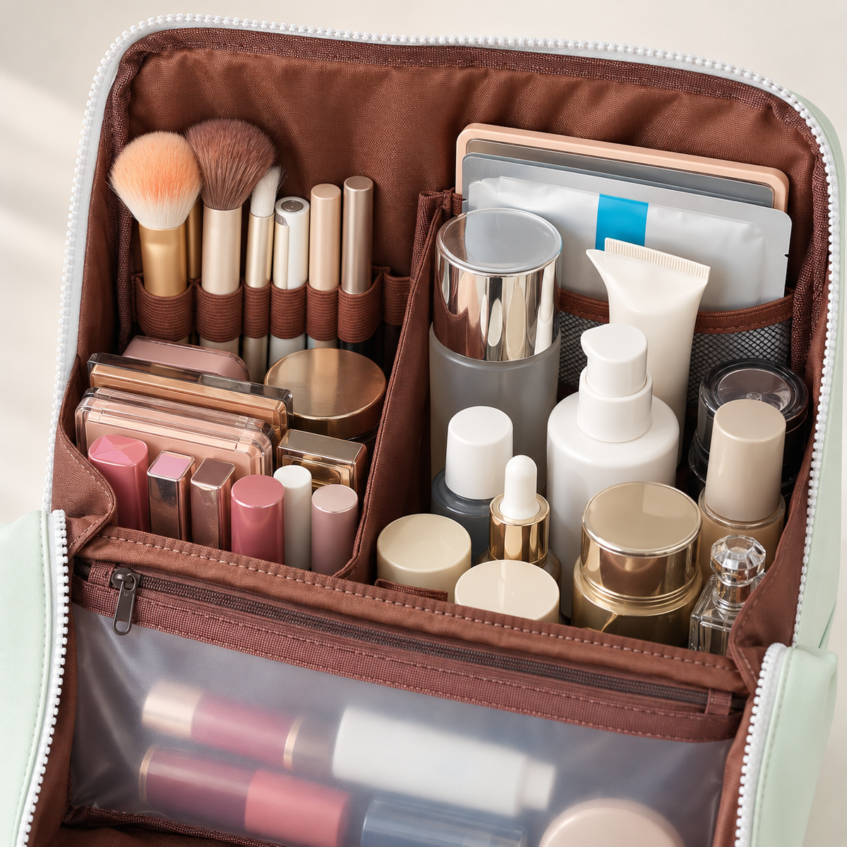 Interior compartments and brush slots inside the FOOIKOS makeup organizer