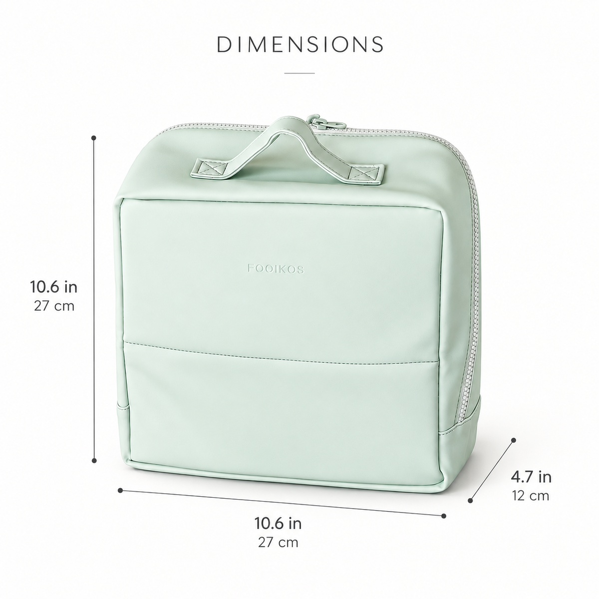 Dimension guide for the FOOIKOS mint green stand-up makeup bag