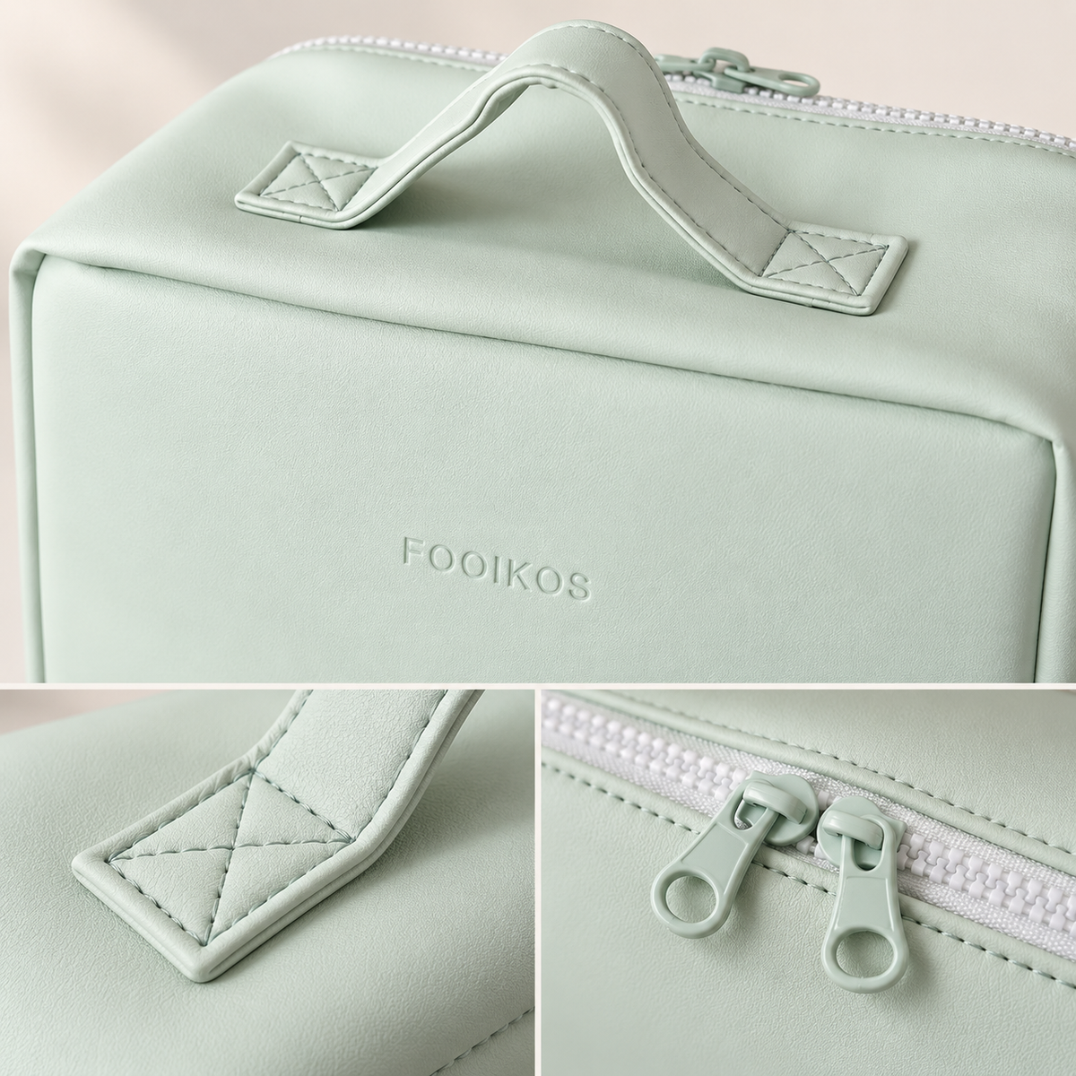 Close-up of FOOIKOS makeup bag handle, logo stitching and double zipper