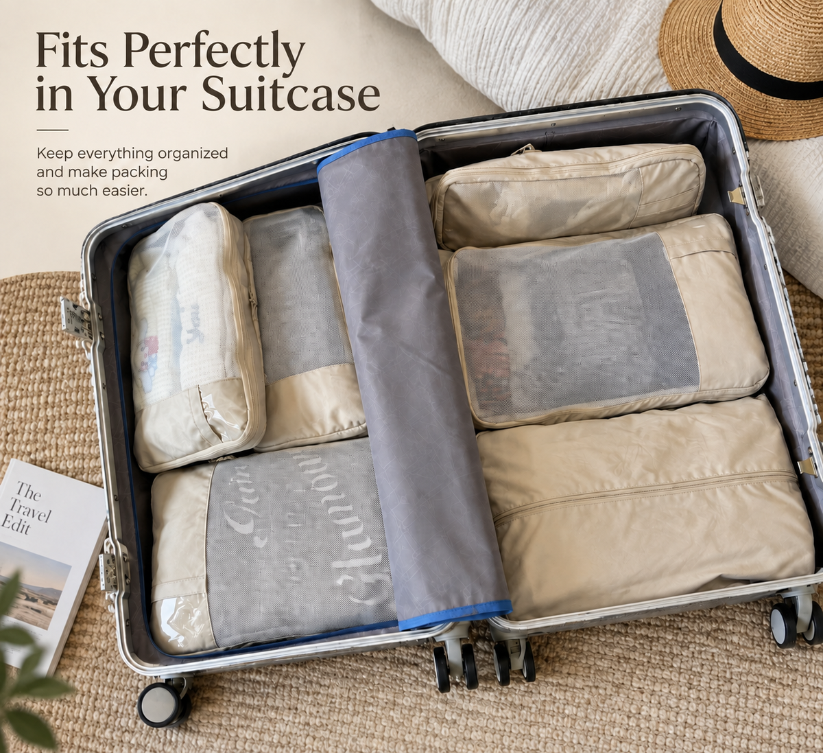 Beige compression packing cubes arranged inside an open suitcase
