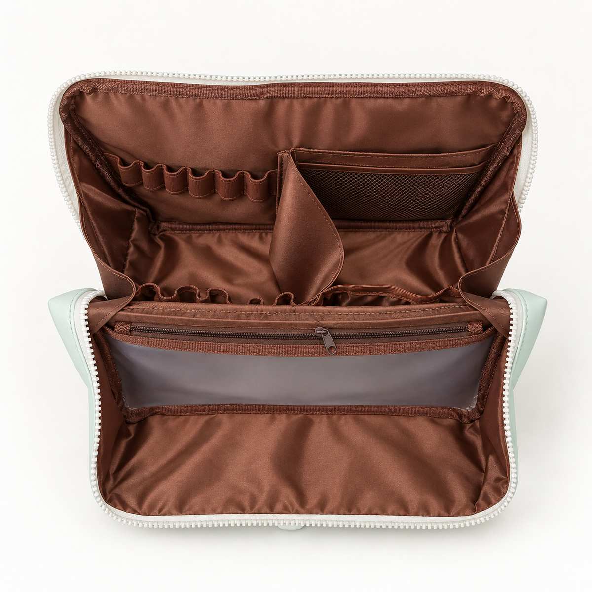Open FOOIKOS makeup bag showing its stand-up interior