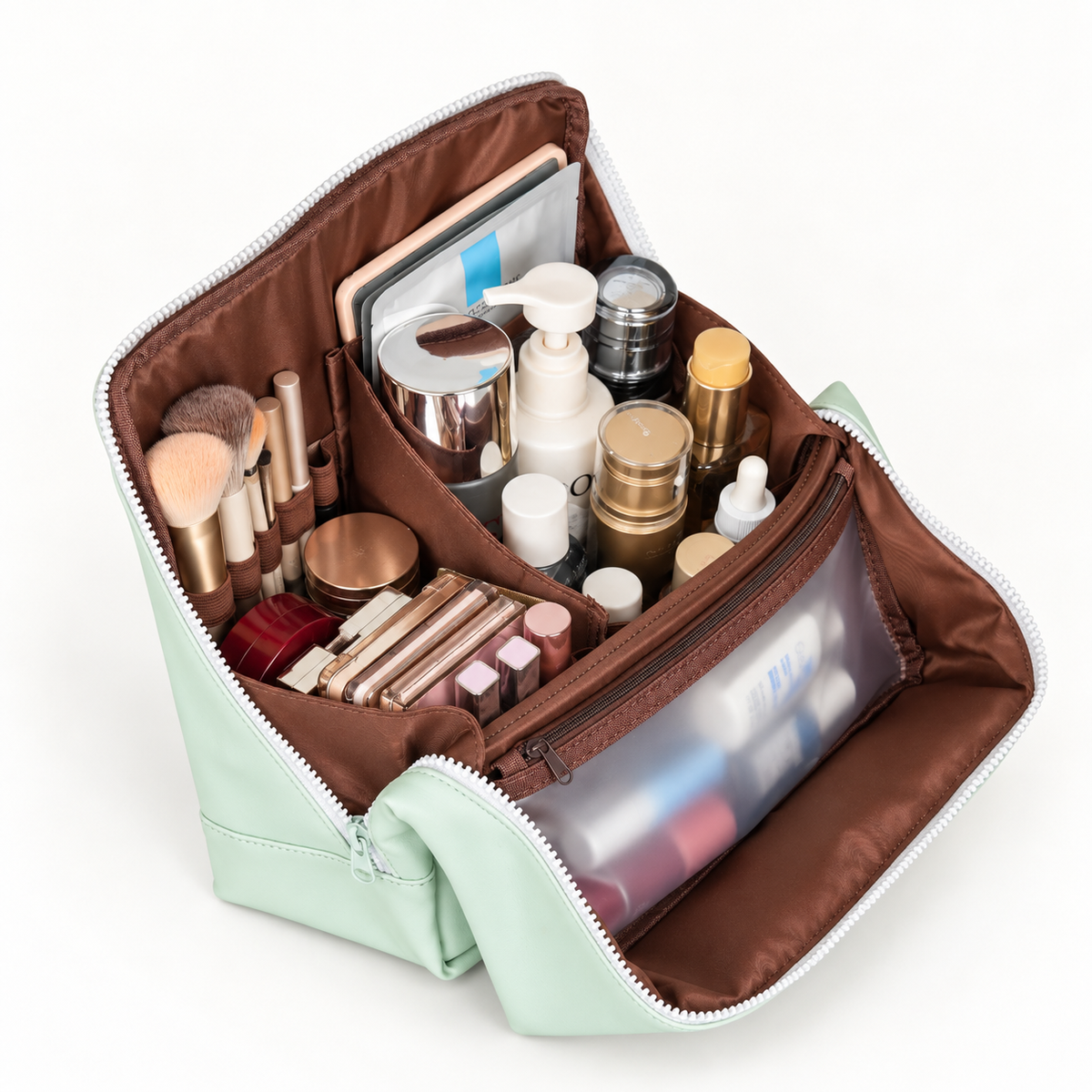 Interior compartments of the FOOIKOS stand-up makeup bag