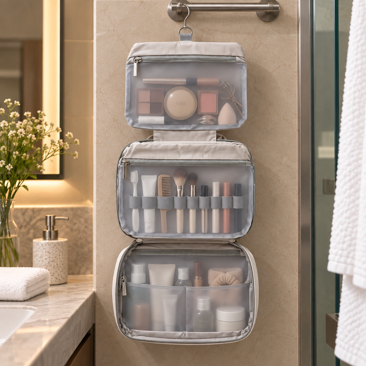 Warm Beige hanging toiletry bag open in a hotel bathroom