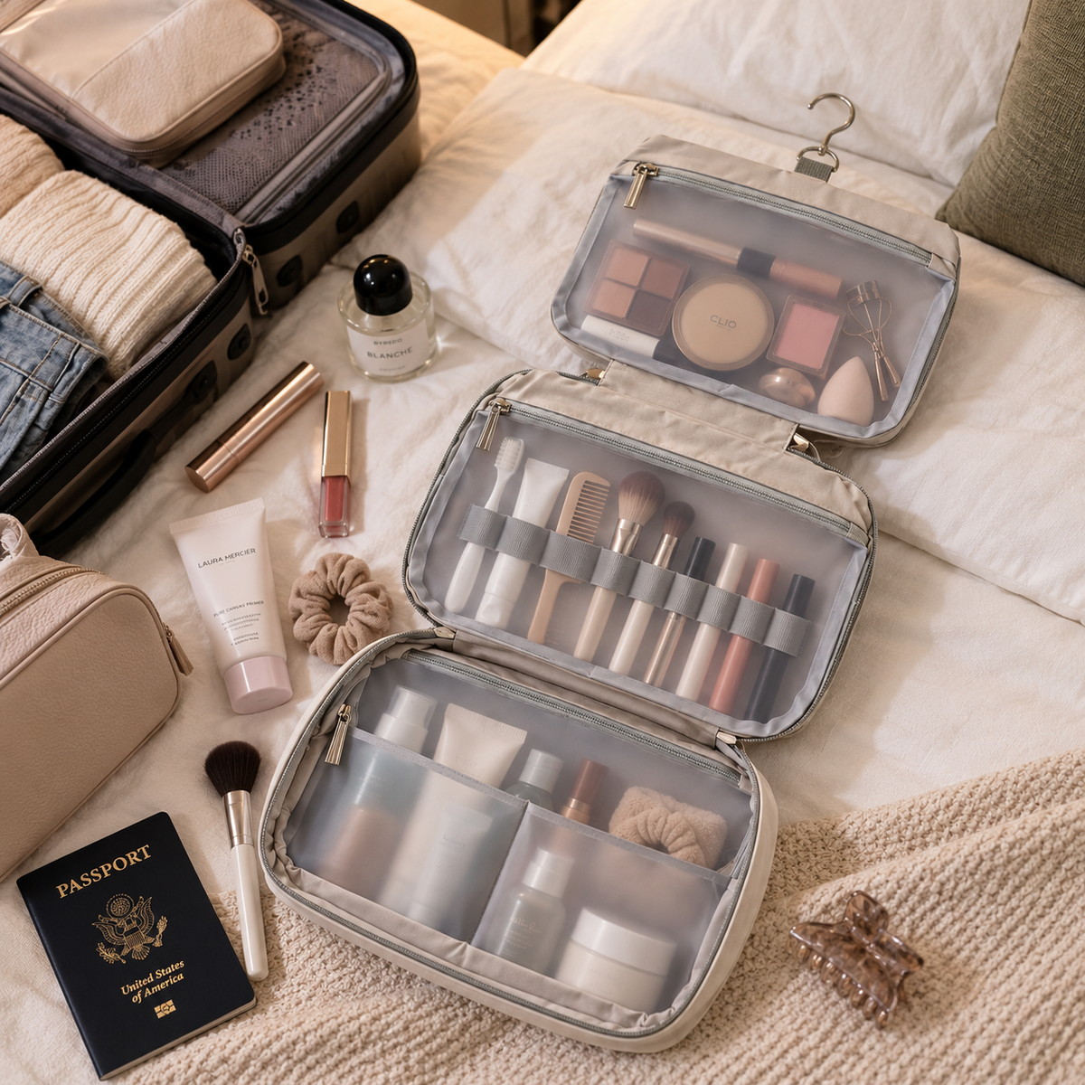 Open Warm Beige toiletry bag with organized makeup, brushes, and skincare