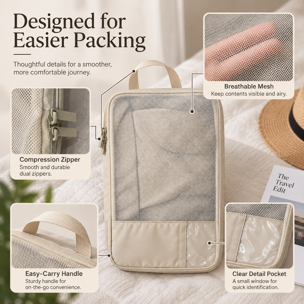 Beige compression packing cube with mesh, zipper, handle and clear detail pocket