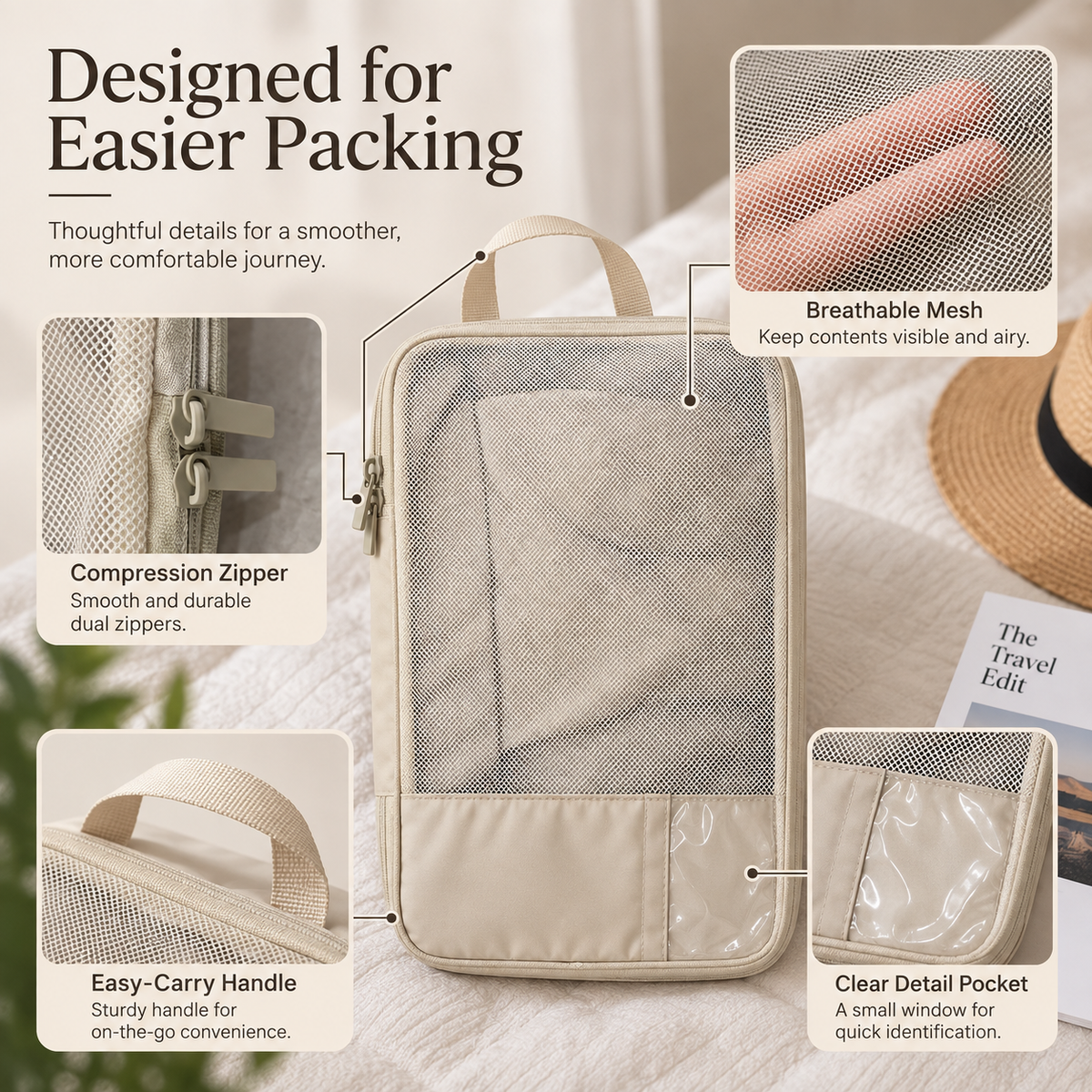 Beige compression packing cube with mesh, zipper, handle and clear detail pocket