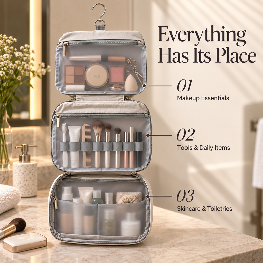Open warm beige hanging toiletry bag with three labeled sections for makeup, tools and skincare