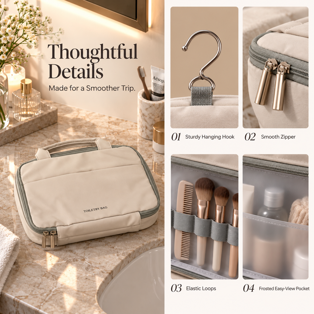Collage showing the metal hanging hook, zipper pulls and fabric details of the warm beige toiletry bag