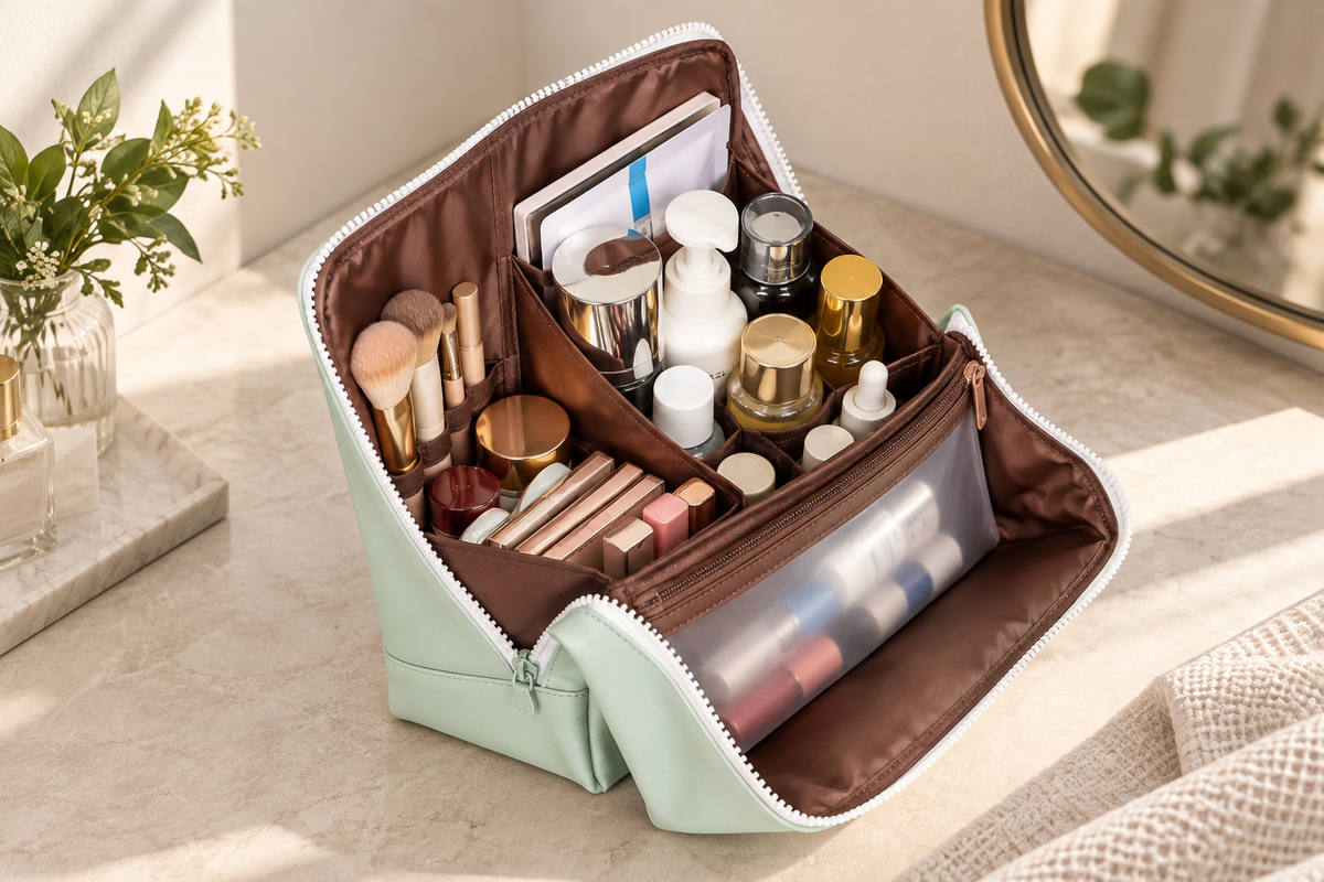 Closed FOOIKOS makeup bag showing its overall scale