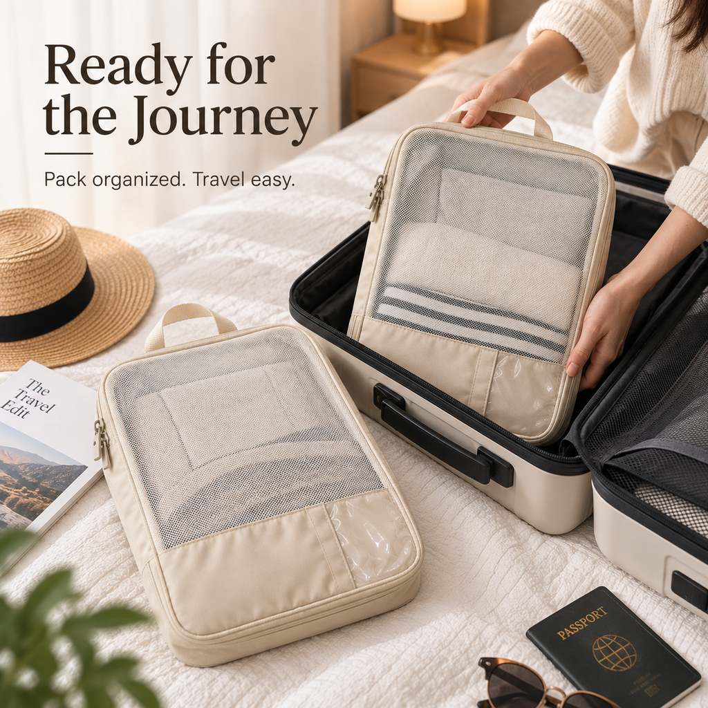 Traveler placing a beige compression packing cube into an open suitcase