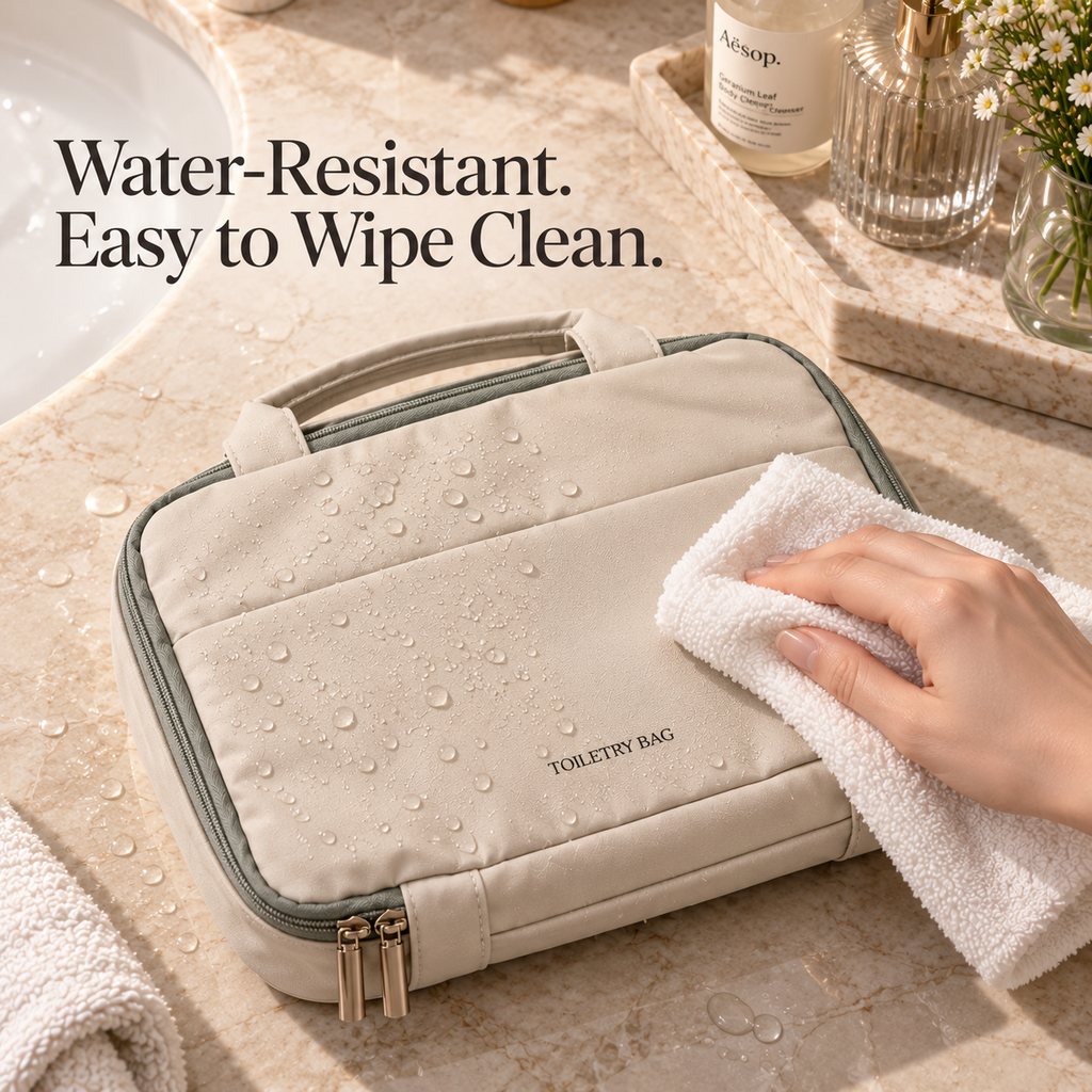 Water droplets on a closed warm beige toiletry bag as a hand wipes the fabric with a cloth