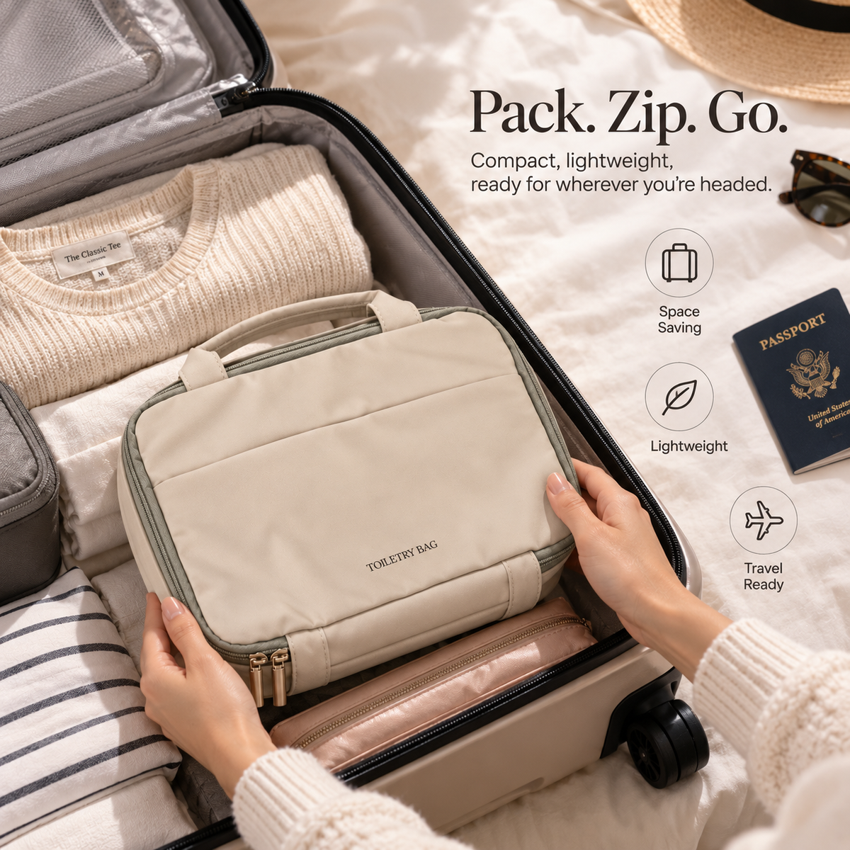 Closed warm beige toiletry bag packed inside an open suitcase beside folded clothing and a passport