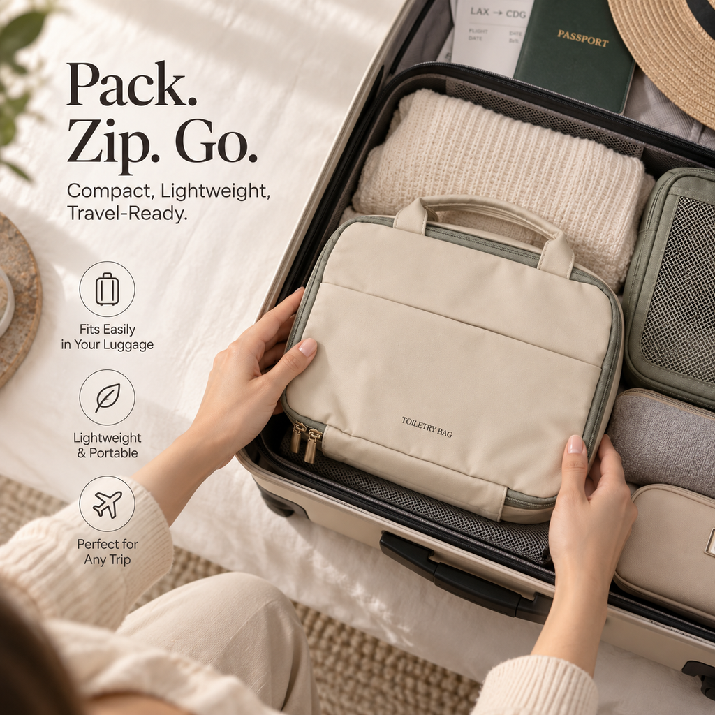 Traveler placing a closed warm beige toiletry bag into an open suitcase with folded clothing