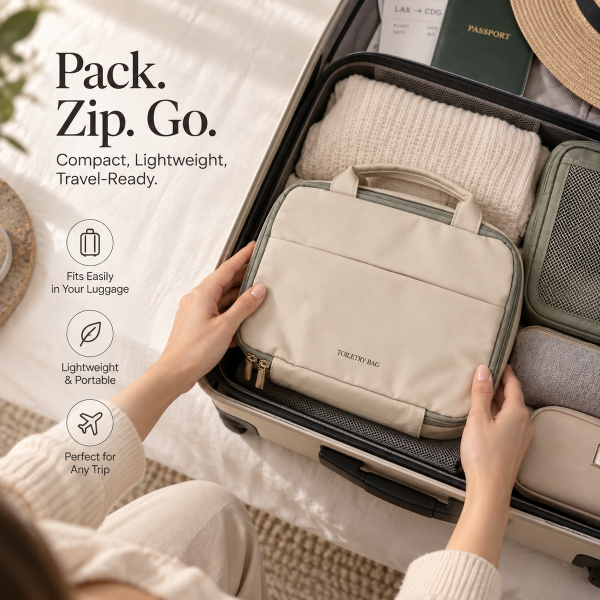 Traveler placing a closed warm beige toiletry bag into an open suitcase with folded clothing