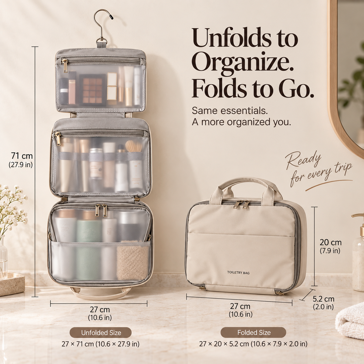 Open warm beige hanging toiletry bag shown with dimension lines and a compact folded view