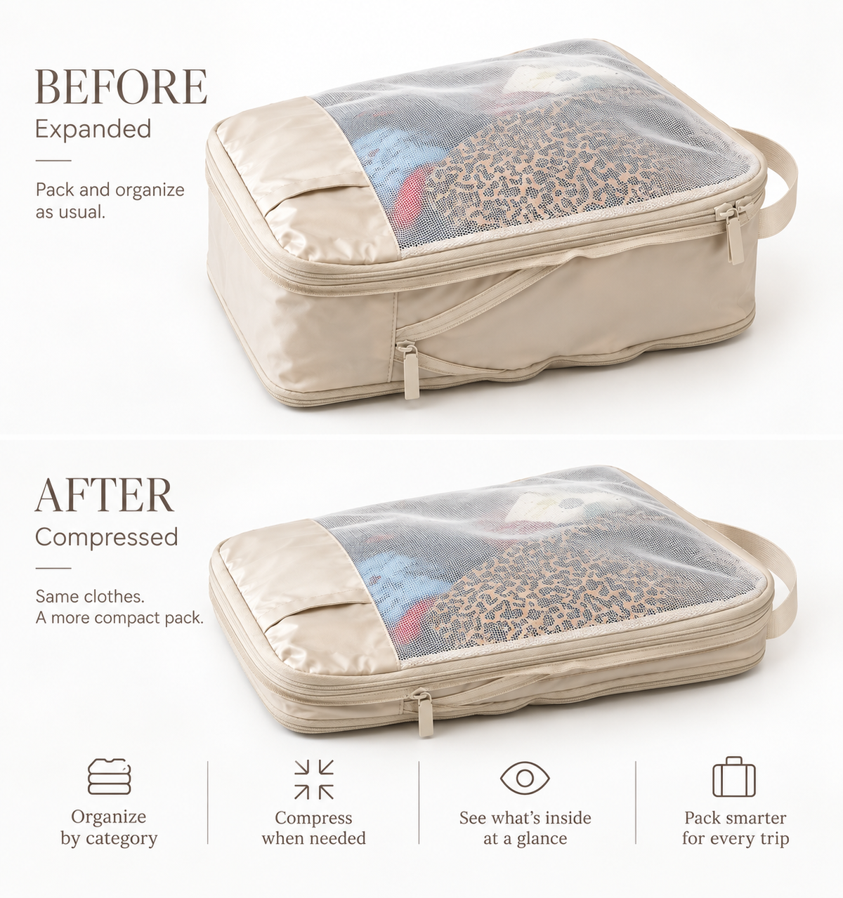 Filled compression packing cube shown expanded and compressed in a before-and-after comparison