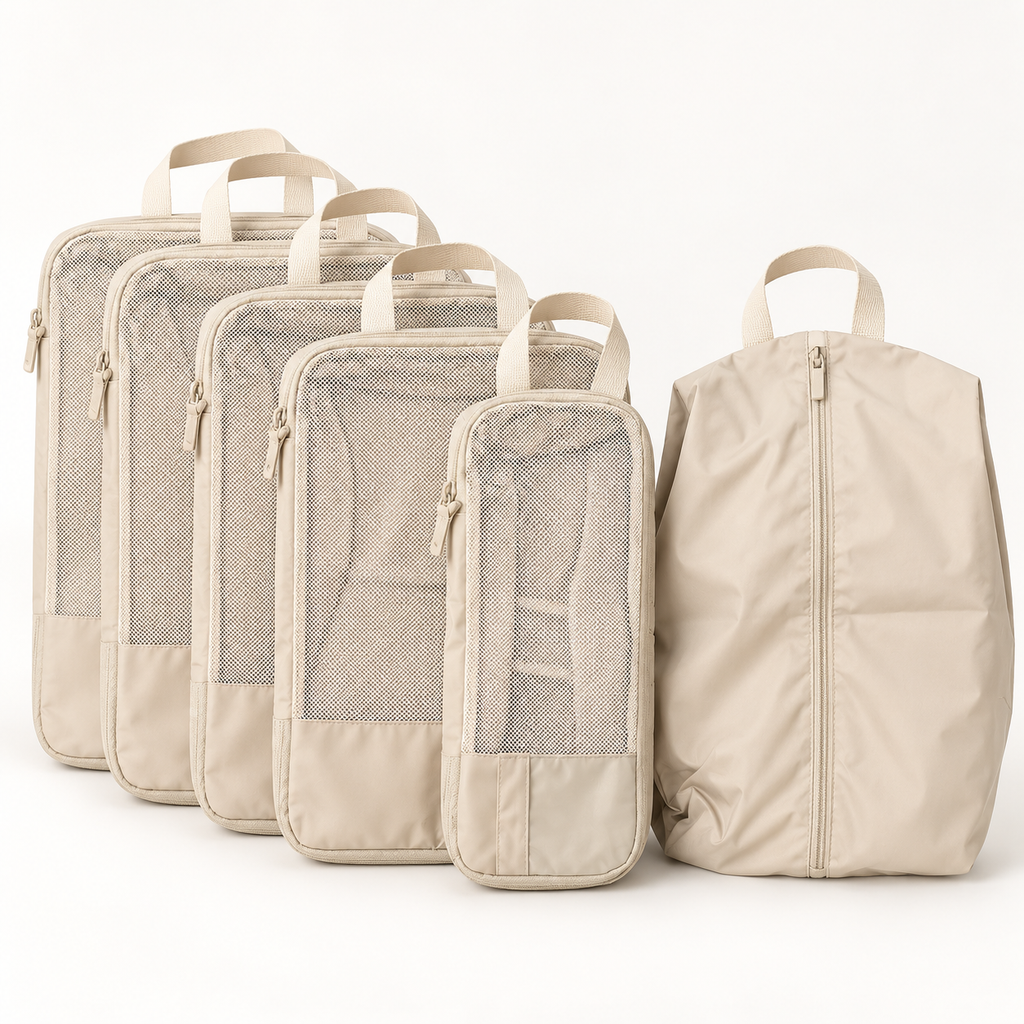 Five beige compression packing cubes and a double-sided shoe bag standing in a row