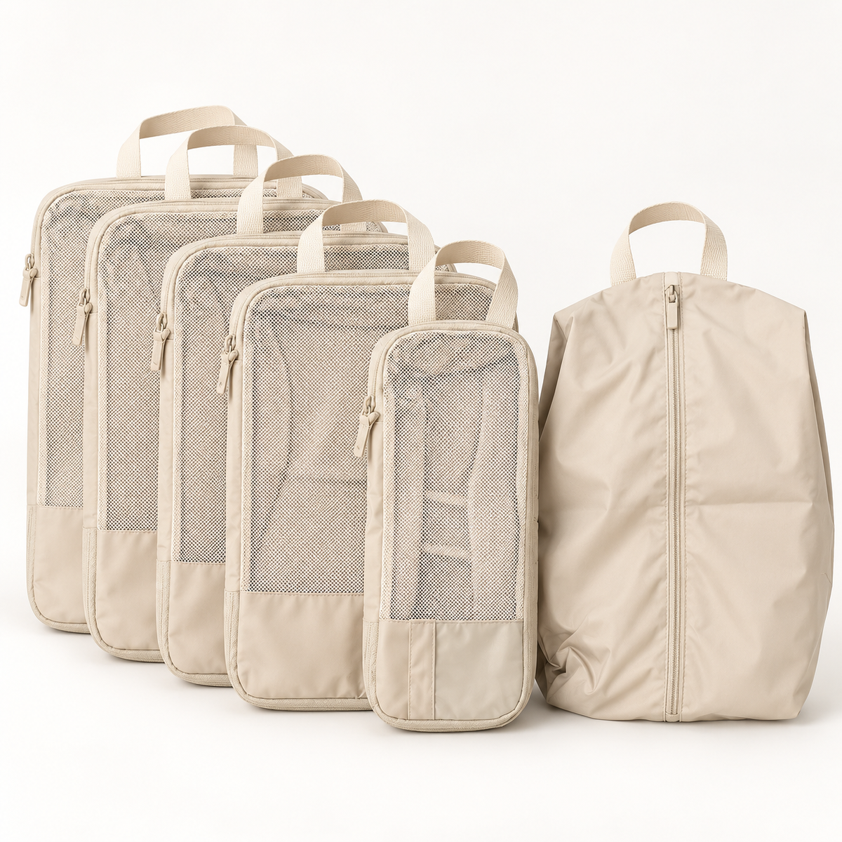 Five beige compression packing cubes and a double-sided shoe bag standing in a row