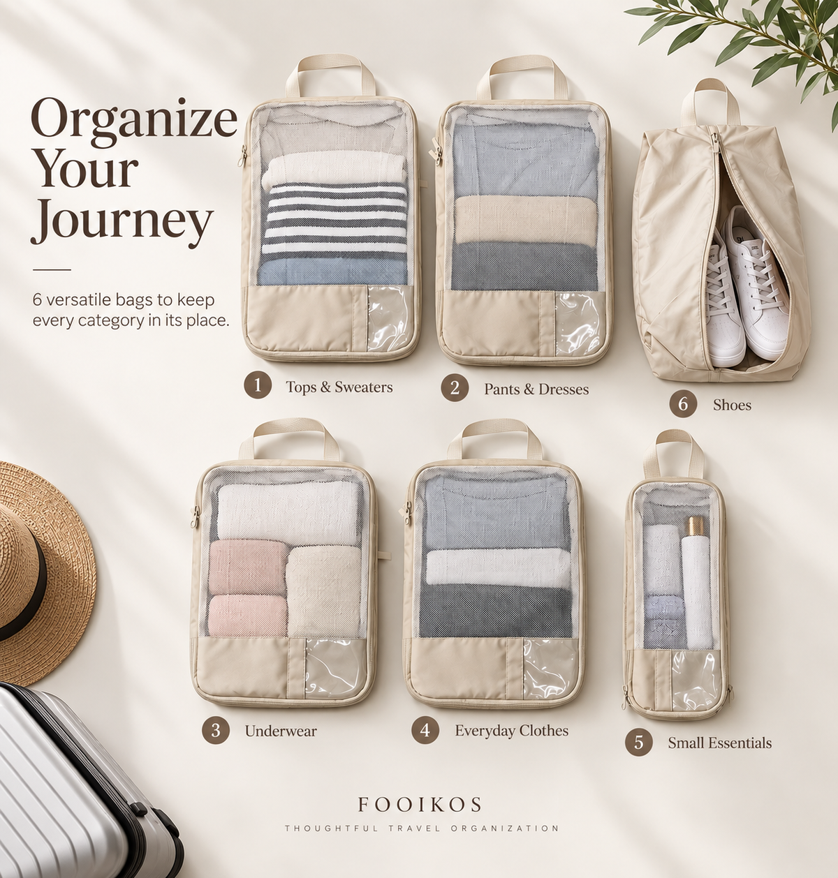 Six beige travel organizers filled with clothes, small essentials and shoes
