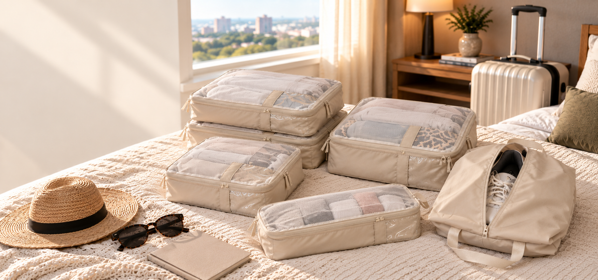 Woman preparing travel packing organizers before a trip