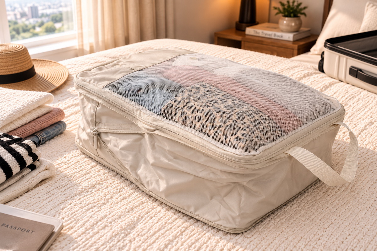 FOOIKOS compression packing organizer in expanded state