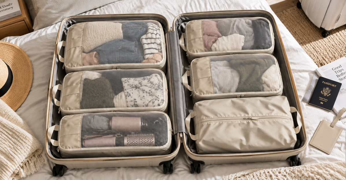Travel suitcase packed with beige FOOIKOS organizers