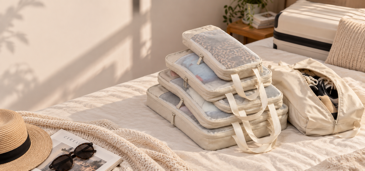 Traveler packing FOOIKOS organizer into luggage