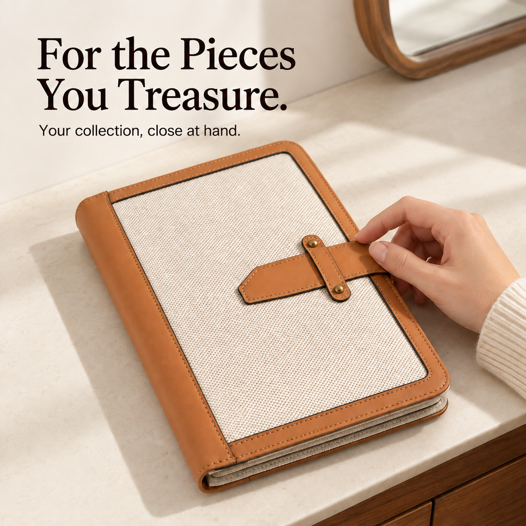 A hand resting on the leather strap of a closed canvas jewelry book on a dressing table.
