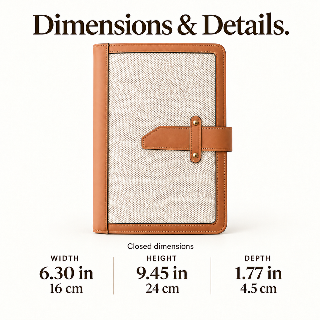 Closed jewelry book: 16 cm wide, 24 cm high and 4.5 cm deep, or 6.30 in W, 9.45 in H and 1.77 in D.