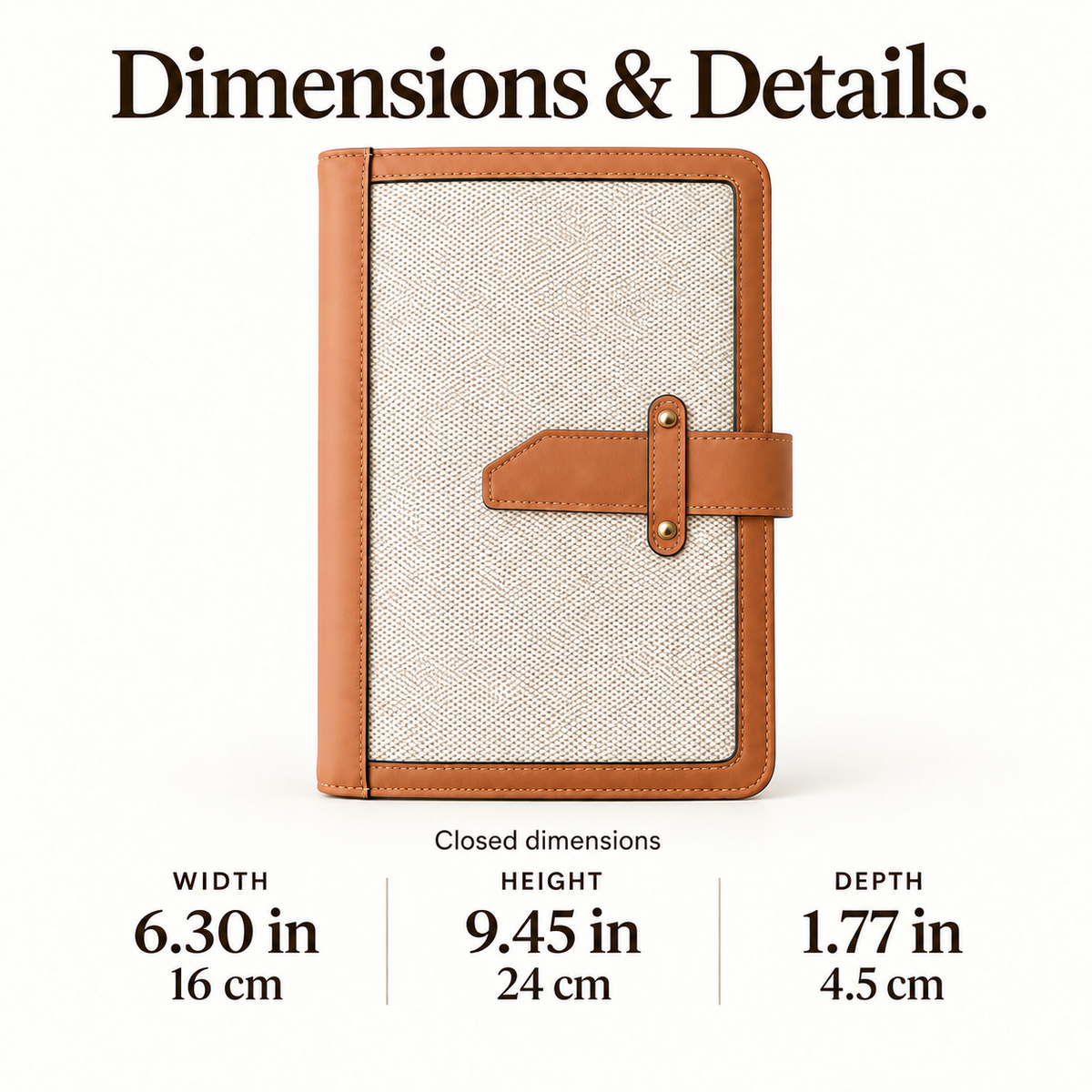 Closed jewelry book: 16 cm wide, 24 cm high and 4.5 cm deep, or 6.30 in W, 9.45 in H and 1.77 in D.