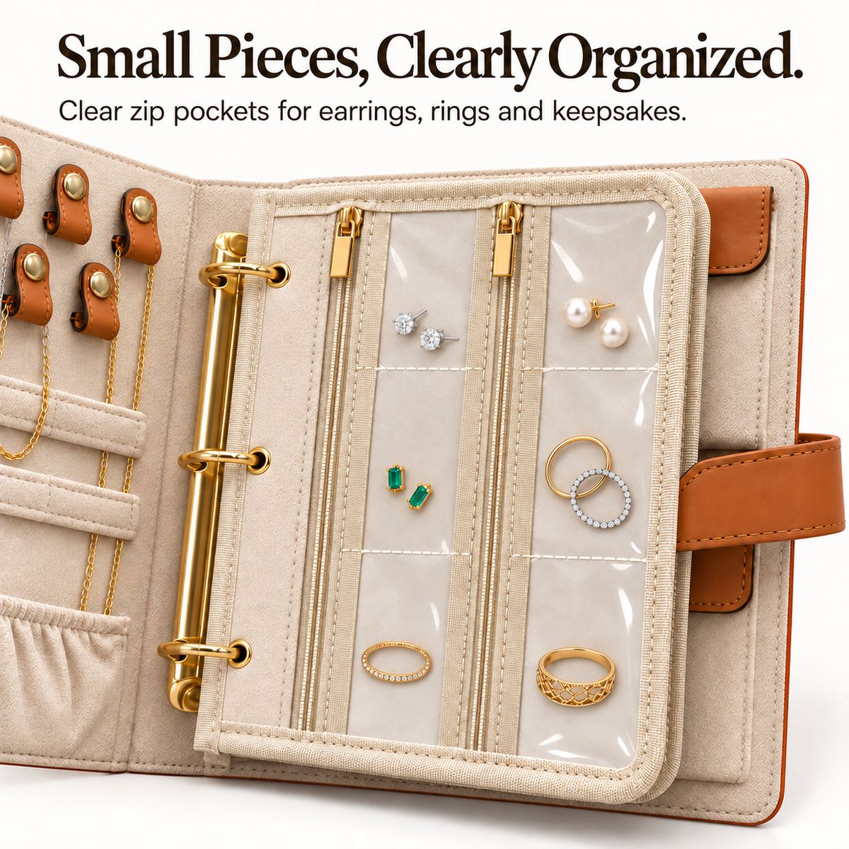 Six clear jewelry pockets holding small earrings and slim rings behind the transparent fronts.