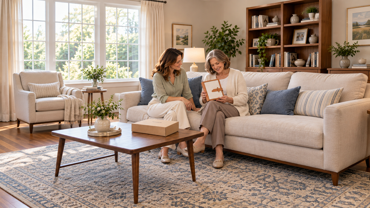Two women looking at a jewelry organizer together, with its FOOIKOS kraft box on the living room coffee table.
