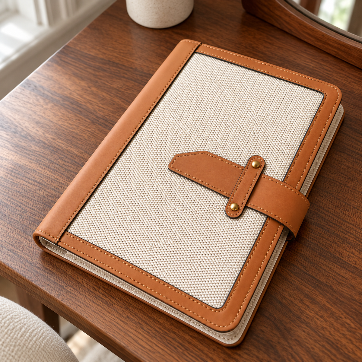 Closed jewelry organizer with woven cream canvas, cognac leather trim and a stitched leather strap.