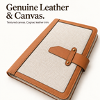 Cream woven canvas cover with cognac leather trim, stitching and a leather strap closure.