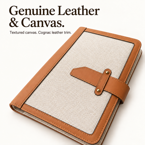 Cream woven canvas cover with cognac leather trim, stitching and a leather strap closure.
