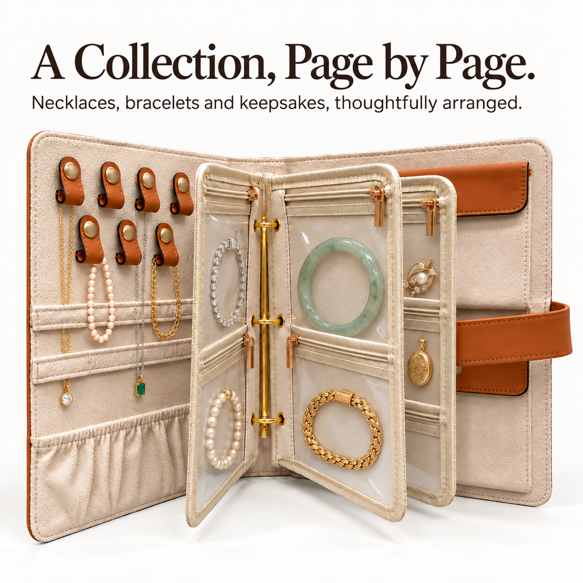 Jewelry book opened across several pages, with necklaces, pearl bracelets, a green bangle and small keepsakes.