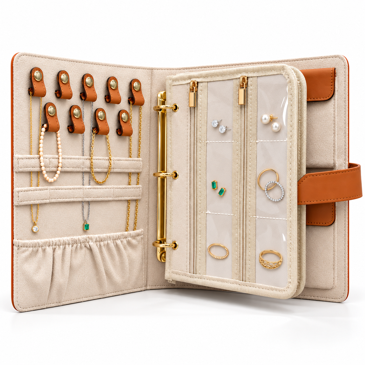 Open FOOIKOS jewelry organizer book with necklaces on leather loops and earrings and rings in clear zip pockets.