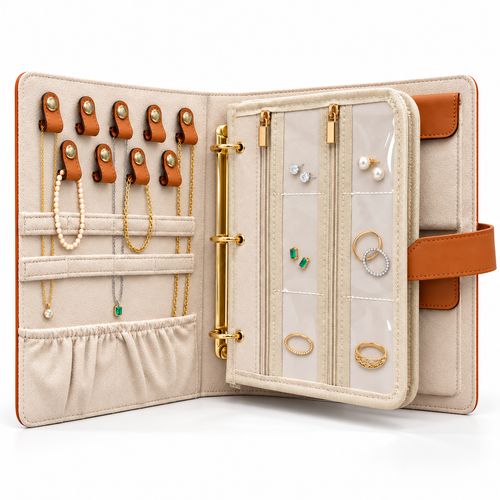 Open FOOIKOS jewelry organizer book with necklaces on leather loops and earrings and rings in clear zip pockets.