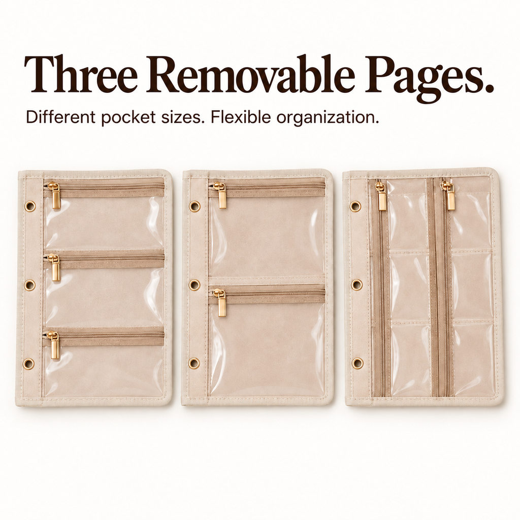 Three removable jewelry organizer pages with clear zip pockets in three different layouts.