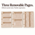 Three removable jewelry organizer pages with clear zip pockets in three different layouts.