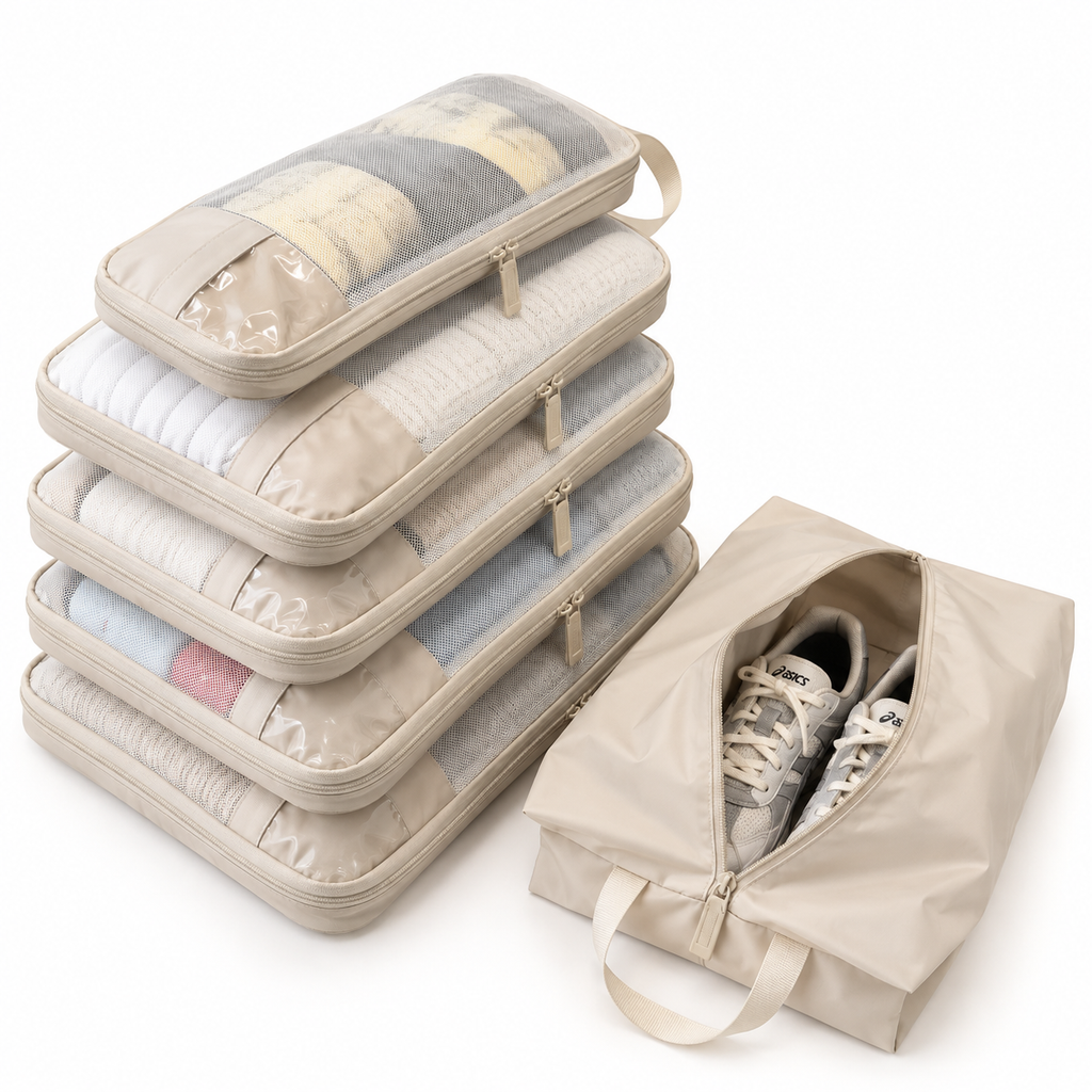Five filled beige mesh packing cubes stacked beside an open shoe bag holding sneakers
