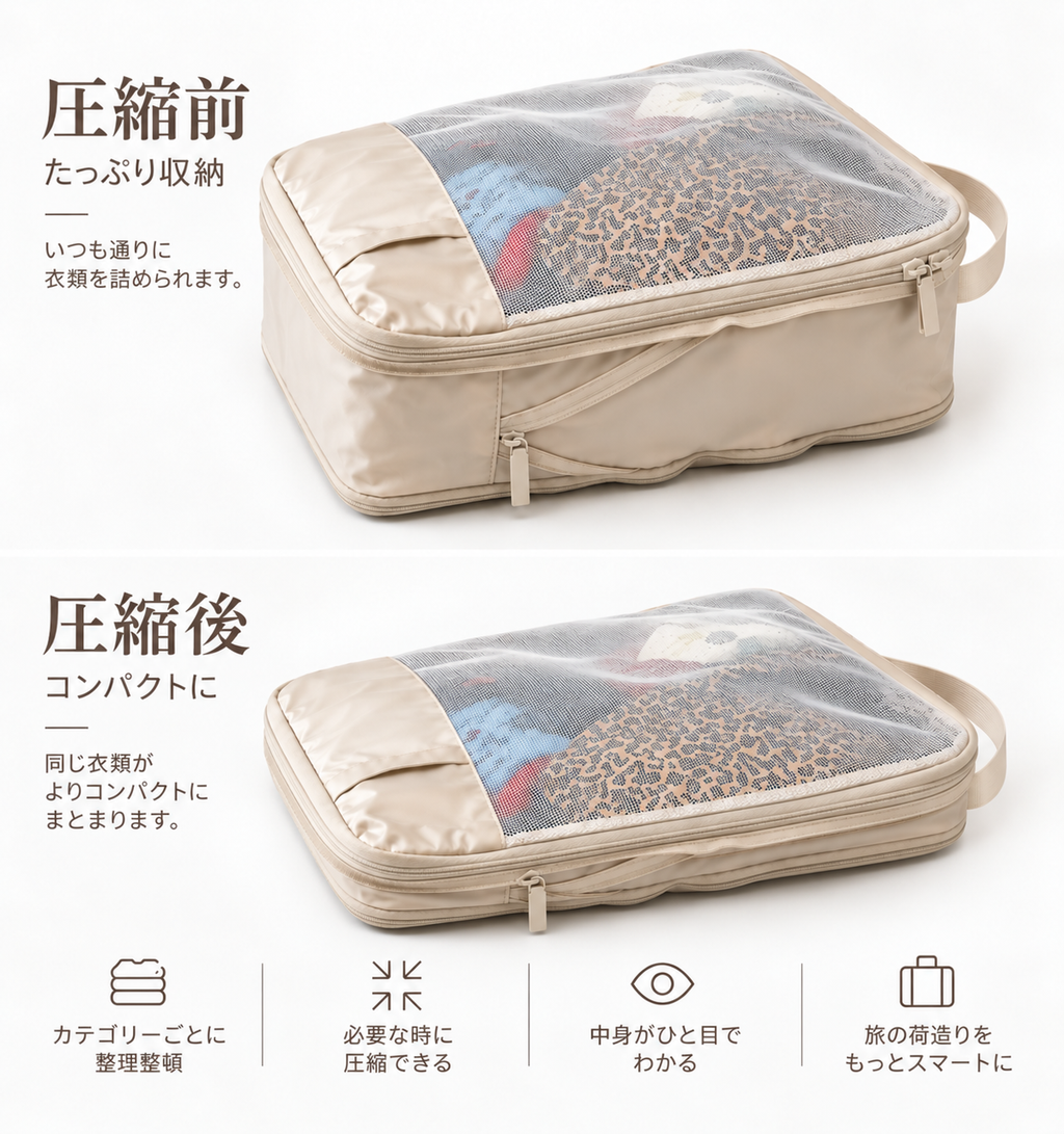Filled beige packing cube shown before and after compression with Japanese labels
