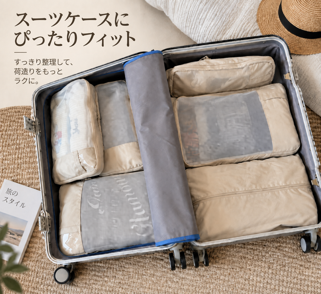 Open suitcase packed with beige travel organizers and Japanese text