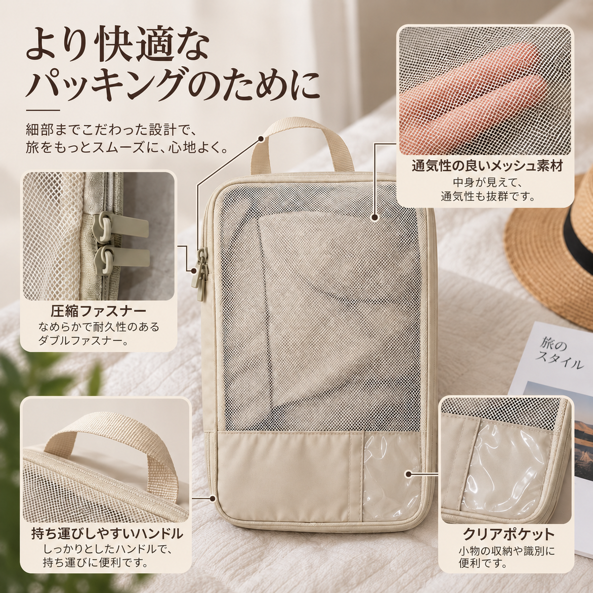 Beige packing cube with Japanese callouts for compression zipper, mesh, carry handle and clear pocket