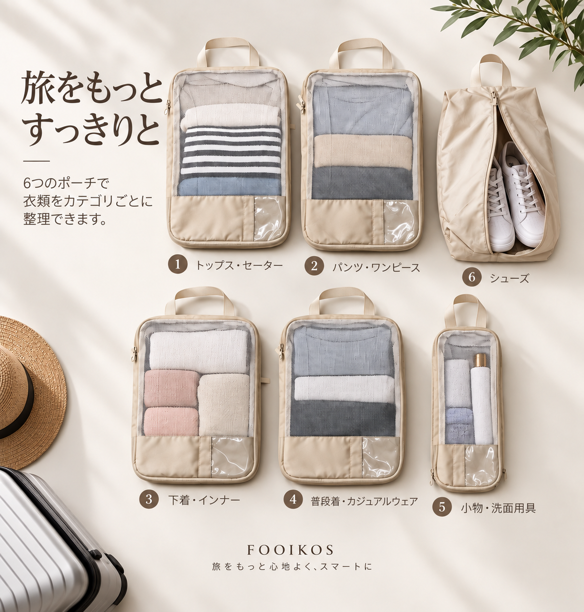 Six beige travel organizers filled with clothing, toiletries and shoes with Japanese labels