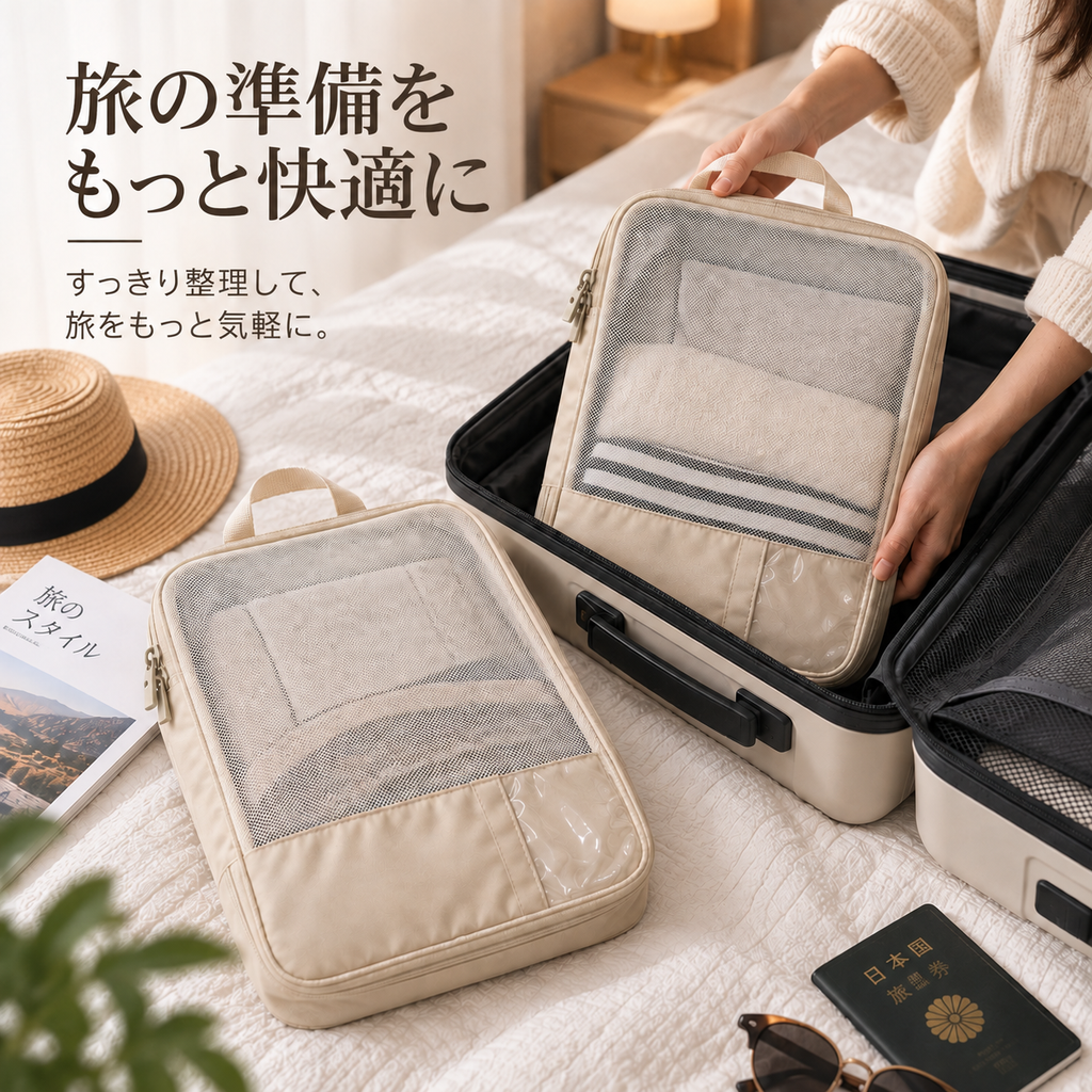 Traveler placing a beige packing cube into an open suitcase with Japanese headline