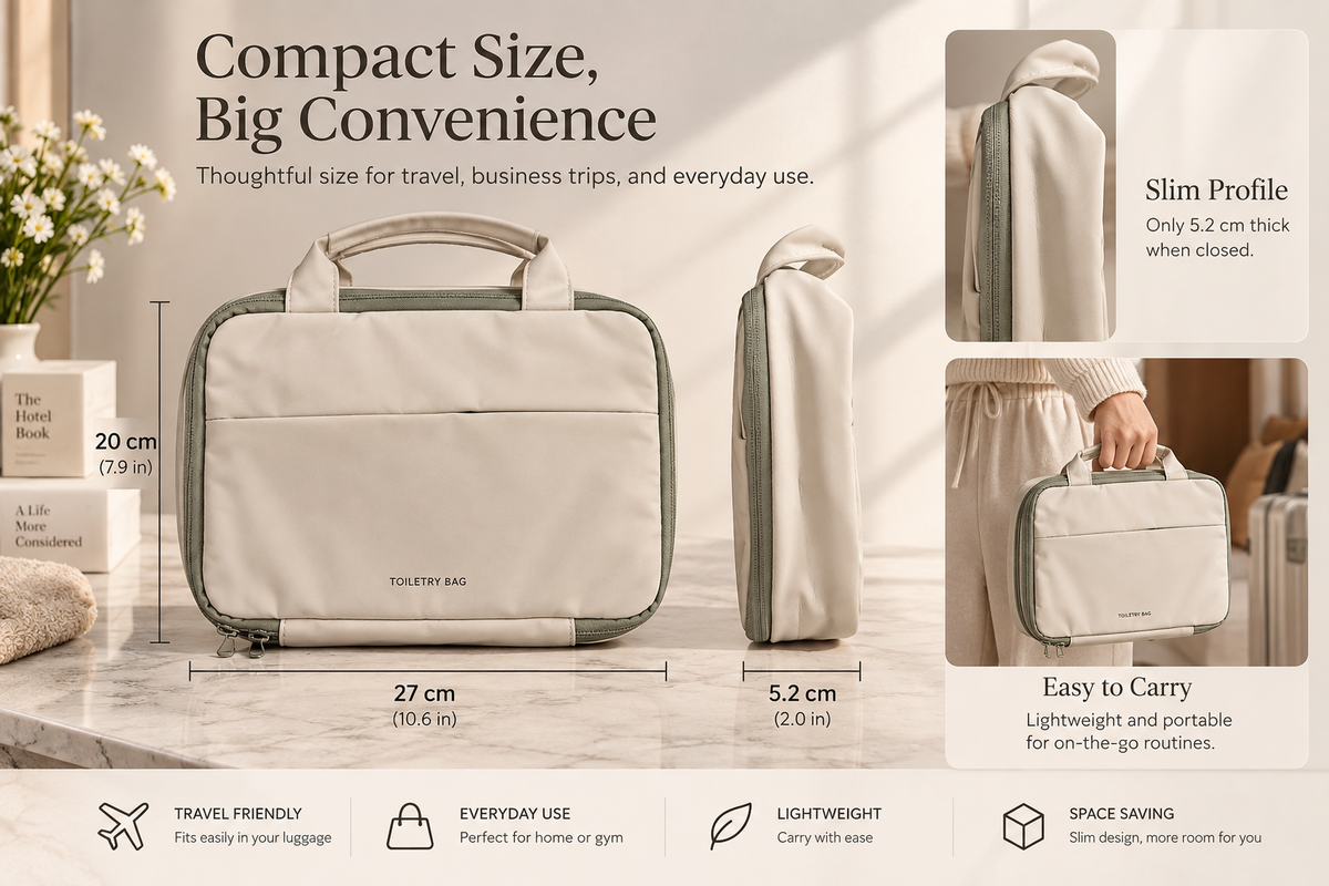 Hanging toiletry bag shown open and closed with its dimensions