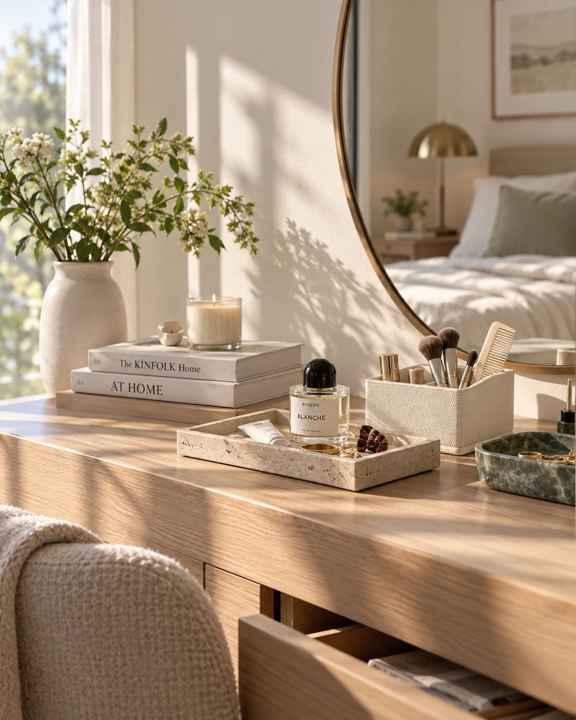 Thoughtfully organized vanity in a warm everyday bedroom